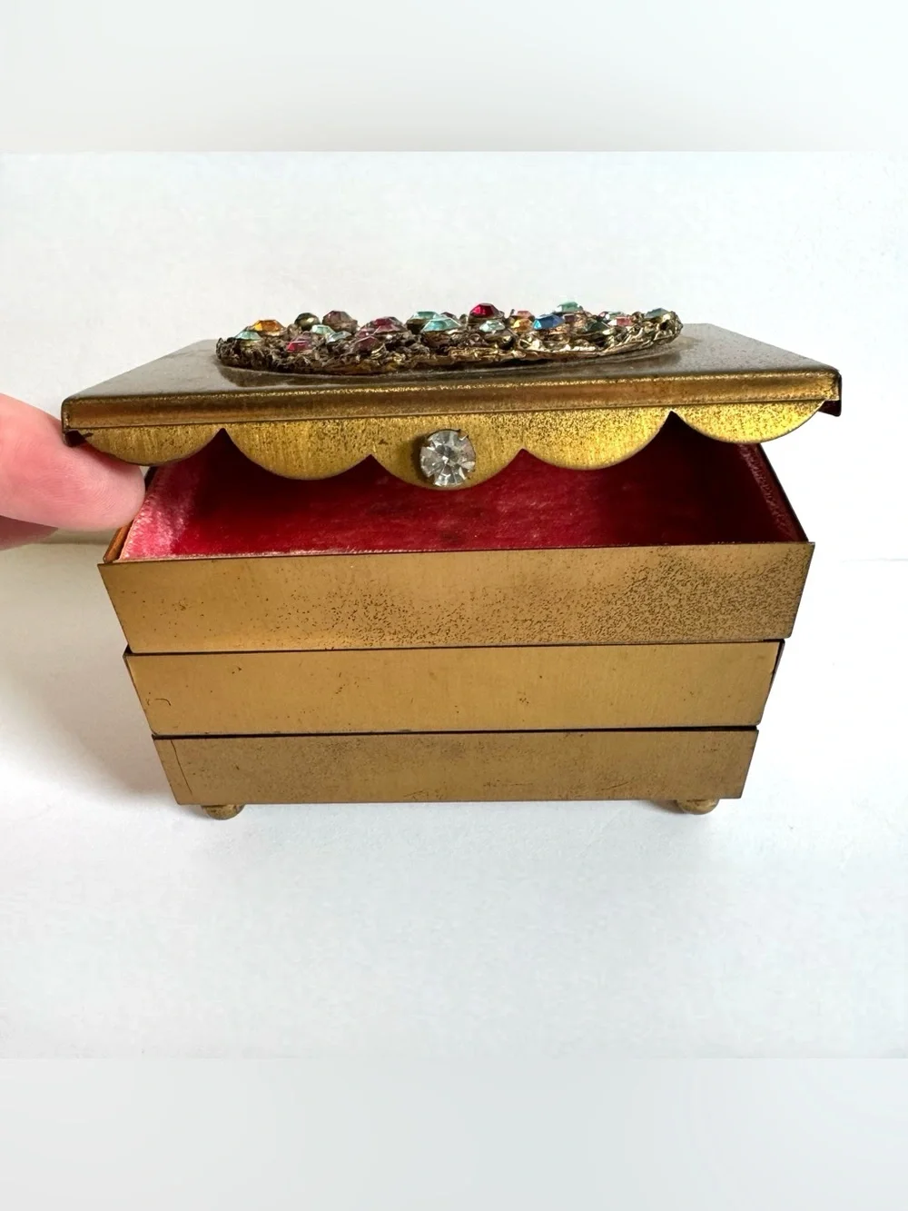 Vtg Brass Accordion Cantilever Jewelry Box Jeweled Rhinestone Hollywood Regency